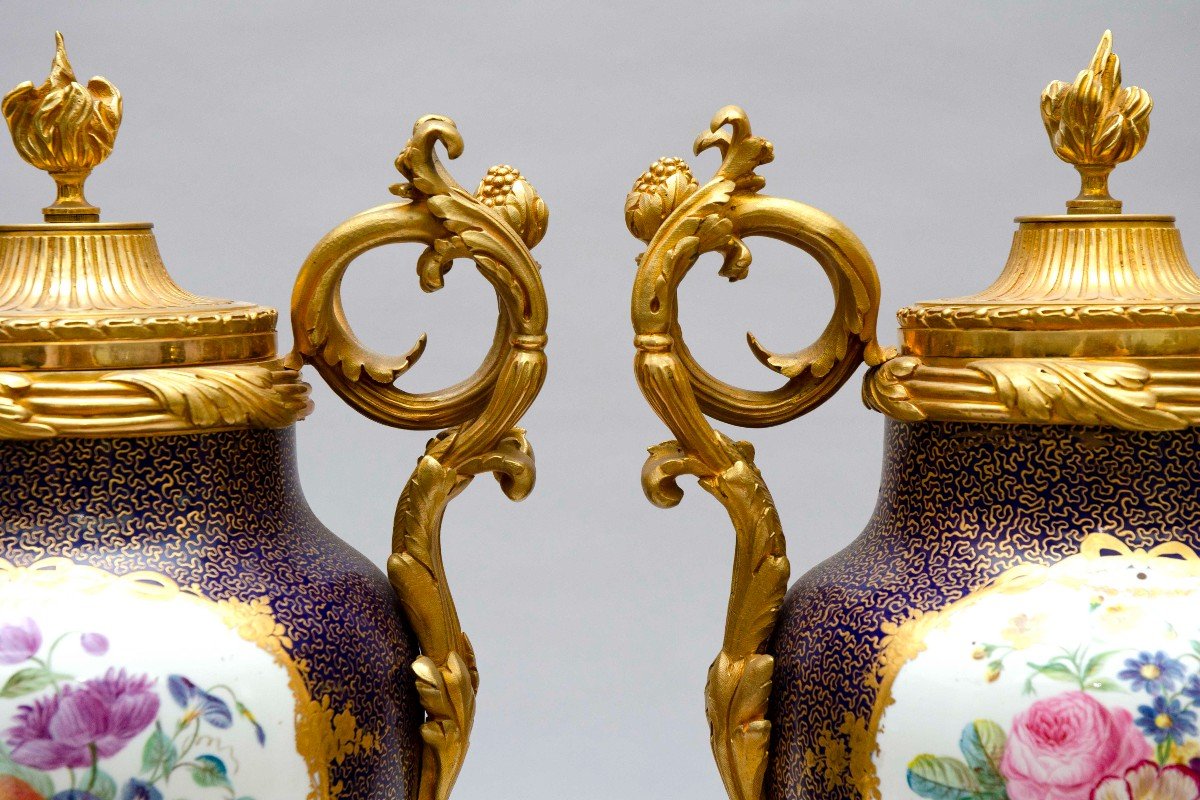 Paire De Vases Montés Sur Bronze Doré Dans Le Goût De Sèvres, Paris 19e Siècle-photo-3