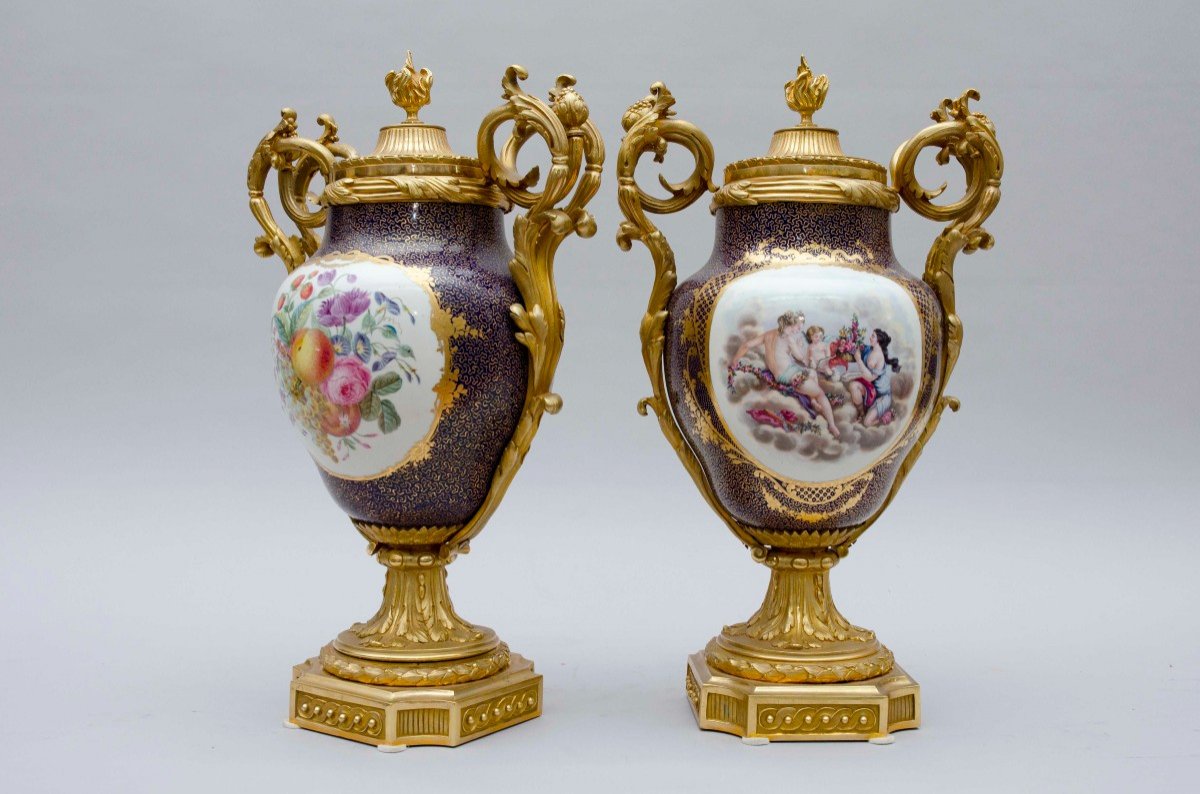 Paire De Vases Montés Sur Bronze Doré Dans Le Goût De Sèvres, Paris 19e Siècle-photo-2