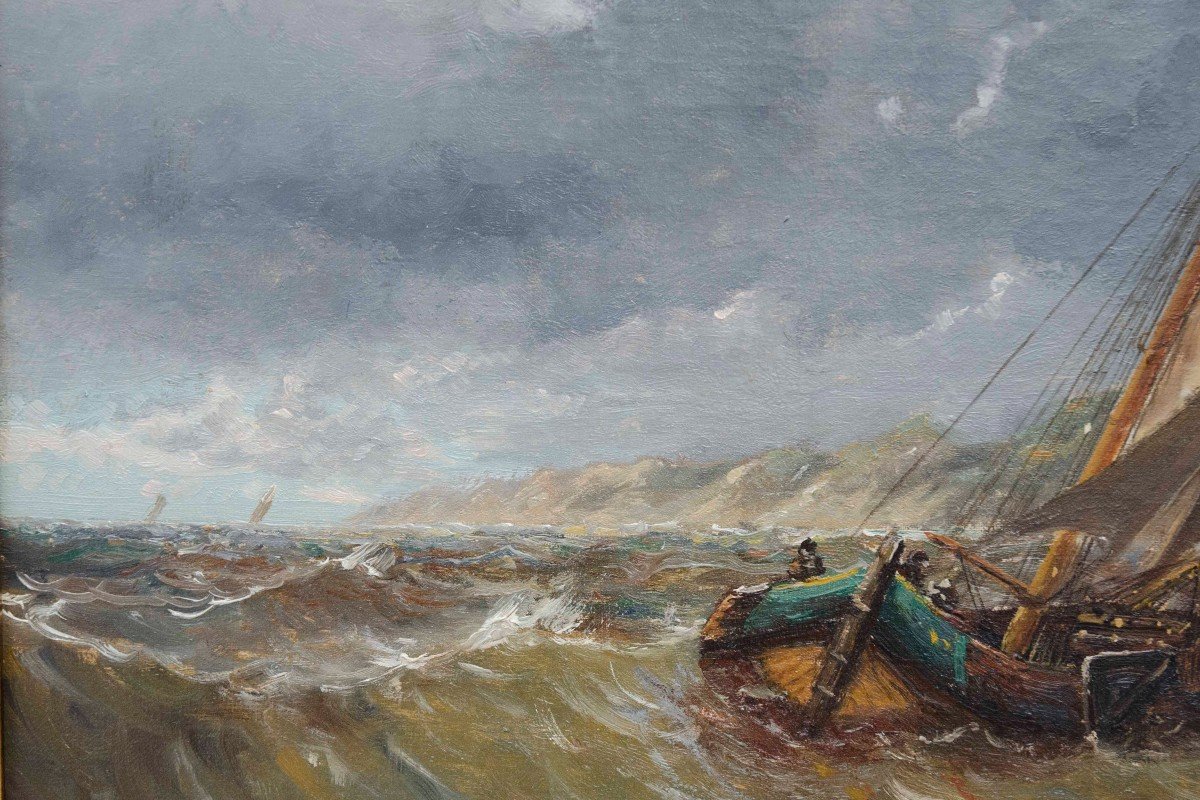 "Port d'Ostende" huile sur toile, de Louis de Brubure, école belge fin 19e-photo-2