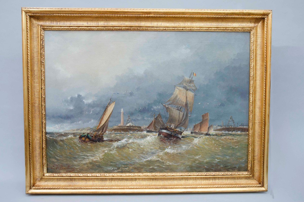 "Port d'Ostende" huile sur toile, de Louis de Brubure, école belge fin 19e