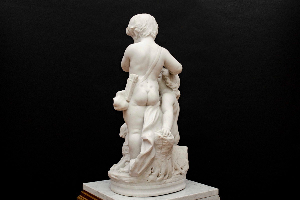 White Marble, "children Musicians And Their Dog", Attrib To Hip. Moreau, France Late 19th Century-photo-4