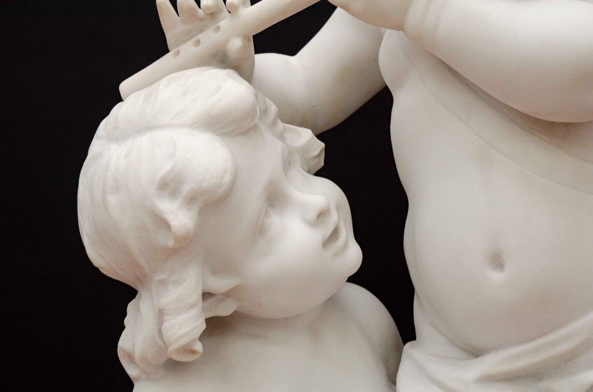 White Marble, "children Musicians And Their Dog", Attrib To Hip. Moreau, France Late 19th Century-photo-3