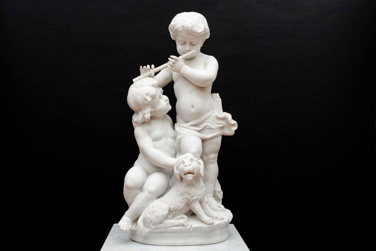 White Marble, "children Musicians And Their Dog", Attrib To Hip. Moreau, France Late 19th Century