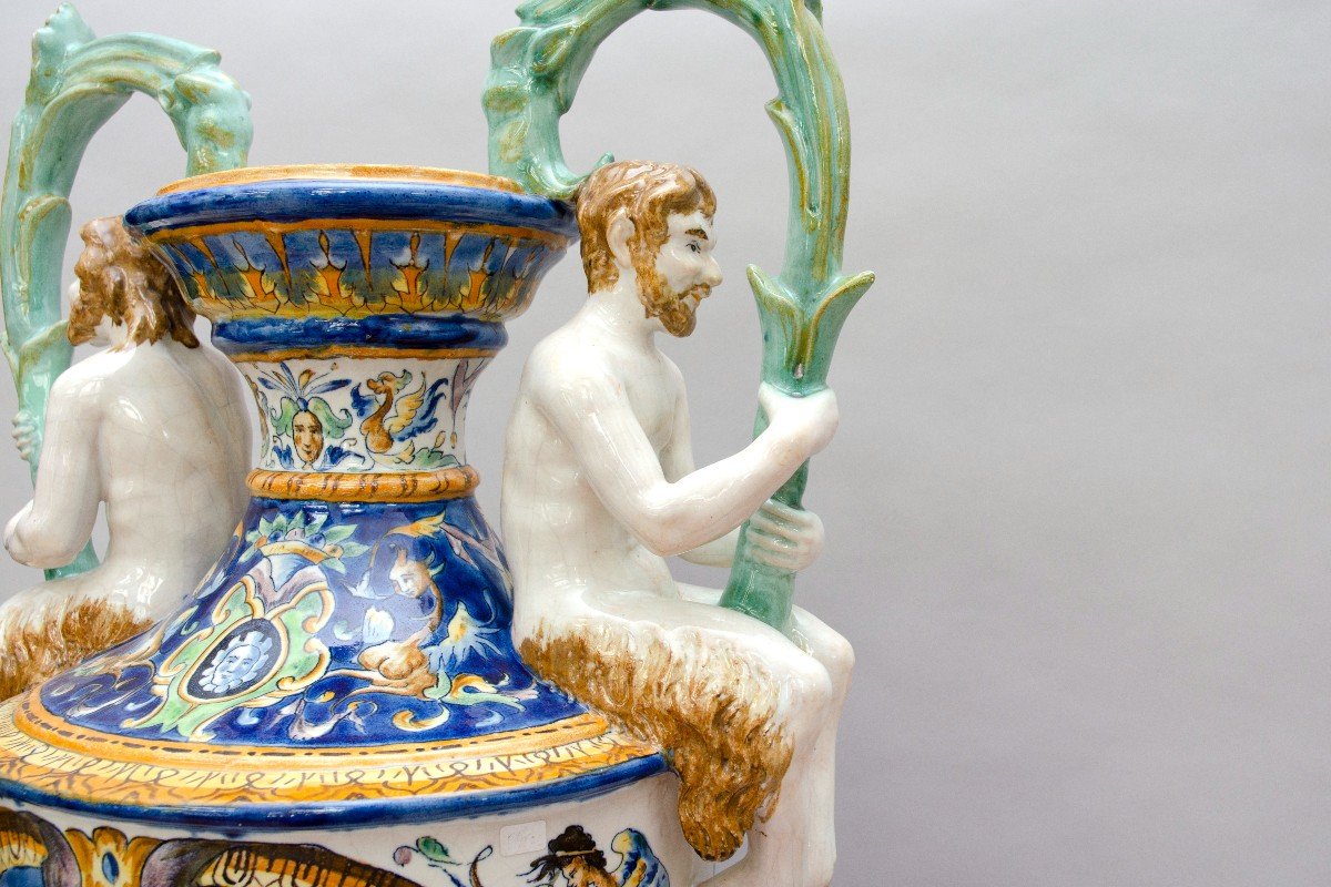 Grand Vase En Majolique Aux Tritons, Italie, 19e siècle-photo-4