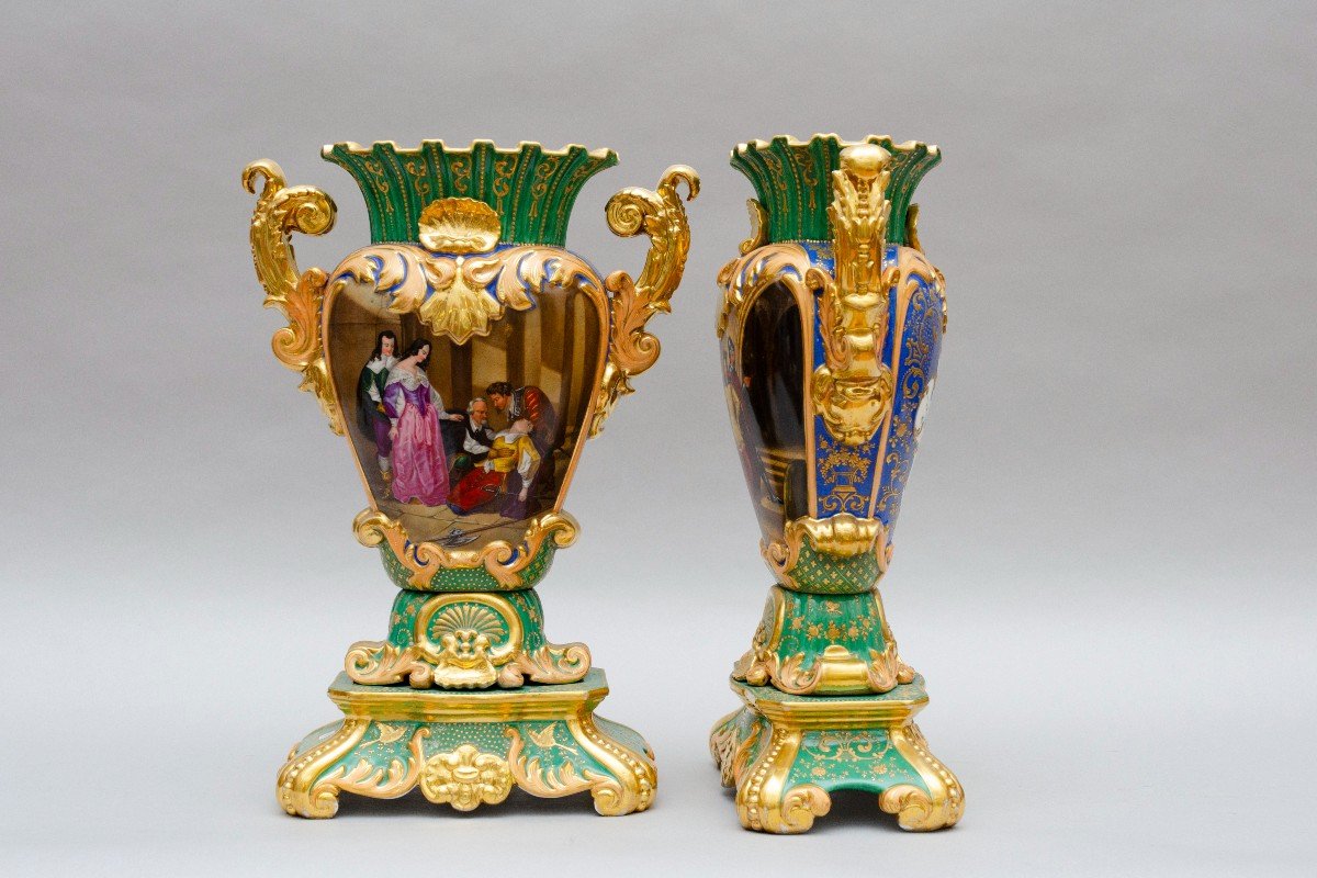 Large Pair Of Vases, Scenes Of Musketeers, Porcelain By Jacob Petit In Paris-photo-2