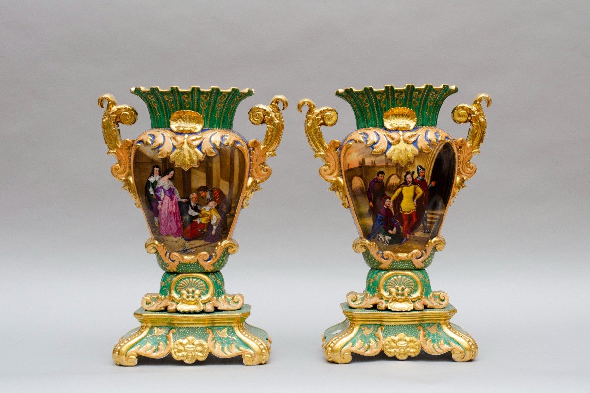 Large Pair Of Vases, Scenes Of Musketeers, Porcelain By Jacob Petit In Paris-photo-4