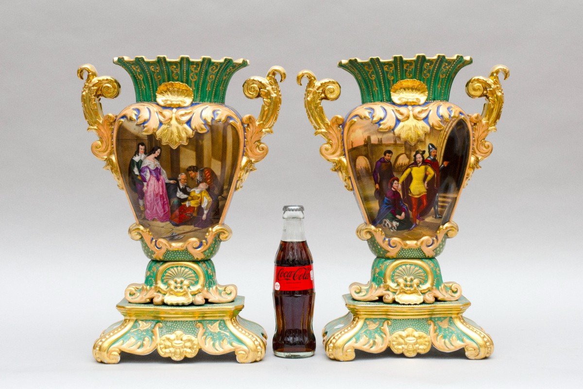 Large Pair Of Vases, Scenes Of Musketeers, Porcelain By Jacob Petit In Paris