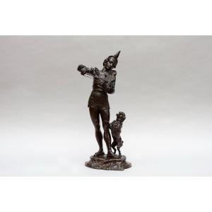 Bronze "clown Playing The Violin With His Poodle", Alfred Barye