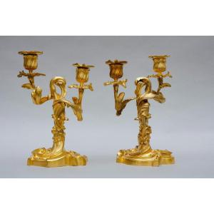 Pair Of Gilt Bronze Candlesticks, France, Second Part Of The 19th Century