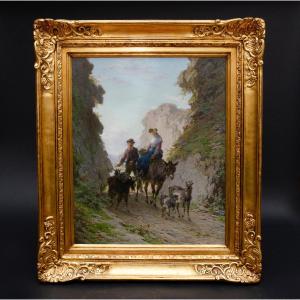 « Bergers en promenade », huile sur panneau datée 1902, PLUMOT André (Anvers 1829-1906)