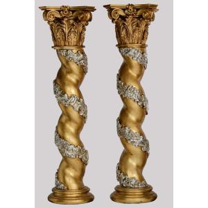 Large Pair Of Salomonic Columns, 18th Century Italy