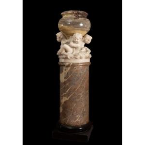 Large Marble "triton" Basin On A Column, 19th Century. Planter