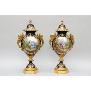Pair Of Large Cobalt-blue Vases With Bronze Mounts Featuring Busts Of Winged Women, Sèvres