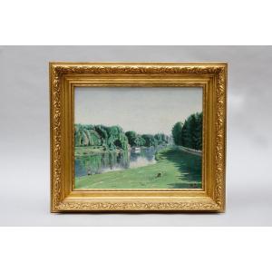 "lakeside Landscape," Oil On Canvas By Auguste Hiolle (1866–1917)