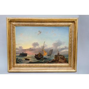 Marine, huile sur panneau, Alexandre Thomas Francia (Calais 1820- Bruxelles 1884)