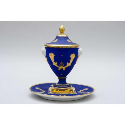 Covered Cup On Pedestal, Saucer, Matte Blue Porcelain Empire Style