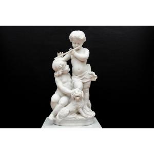 White Marble, "children Musicians And Their Dog", Attrib To Hip. Moreau, France Late 19th Century