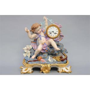 Polychrome Biscuit Clock "angel With The Drum", 19th Century, Paris