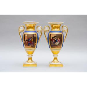 Pair Of Small Vases "tavern Scenes", Paris Or Russia 19th Century