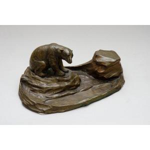 Inkwell "polar Bear" In Bronze, Circa 1900