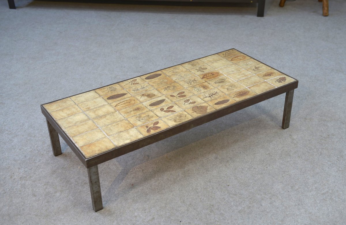 Table basse par Roger Capron modèle Herbier céramique et acier 1950-photo-2