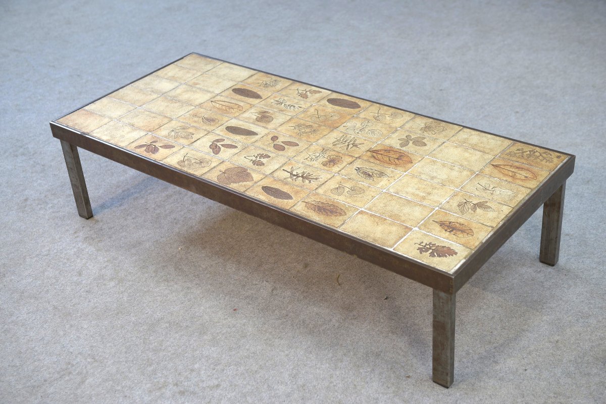 Table basse par Roger Capron modèle Herbier céramique et acier 1950-photo-3