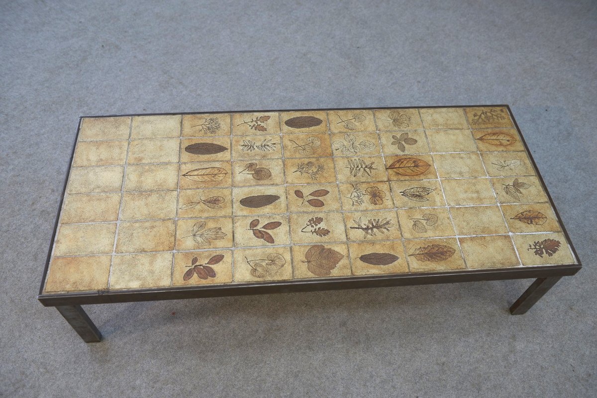Table basse par Roger Capron modèle Herbier céramique et acier 1950-photo-6