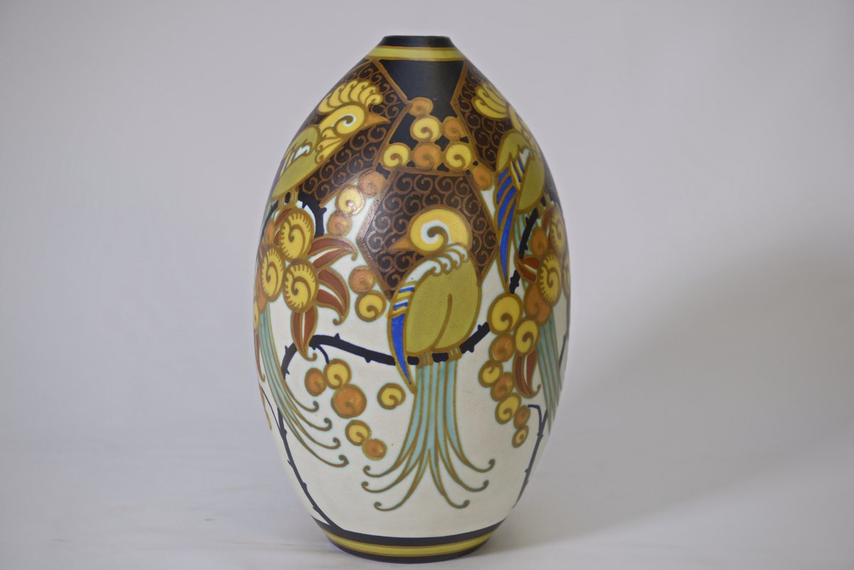 Keramis Art Deco Porcelain Vase Signed Jan Wind "birds Of Paradise"-photo-2