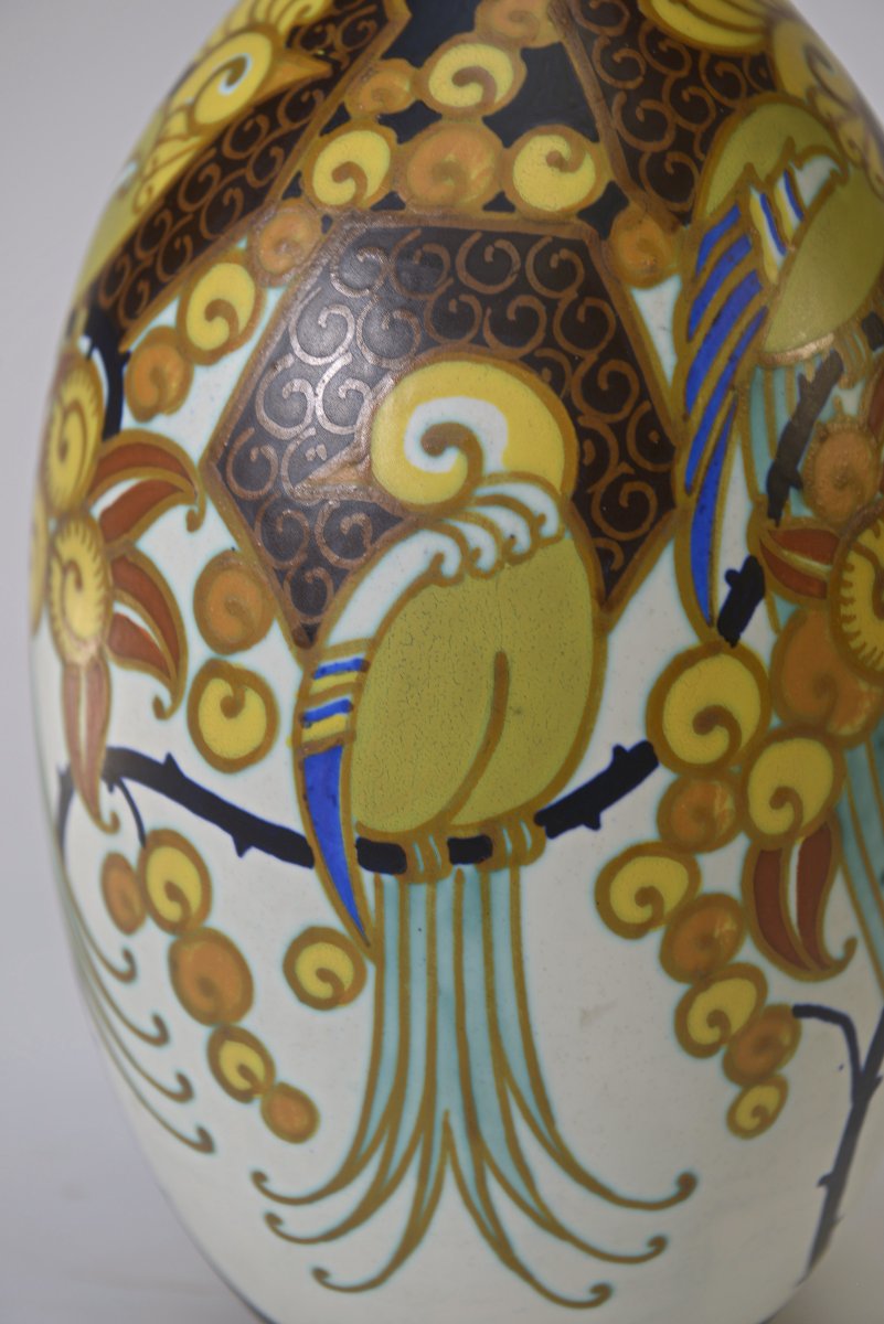 Keramis Art Deco Porcelain Vase Signed Jan Wind "birds Of Paradise"-photo-3