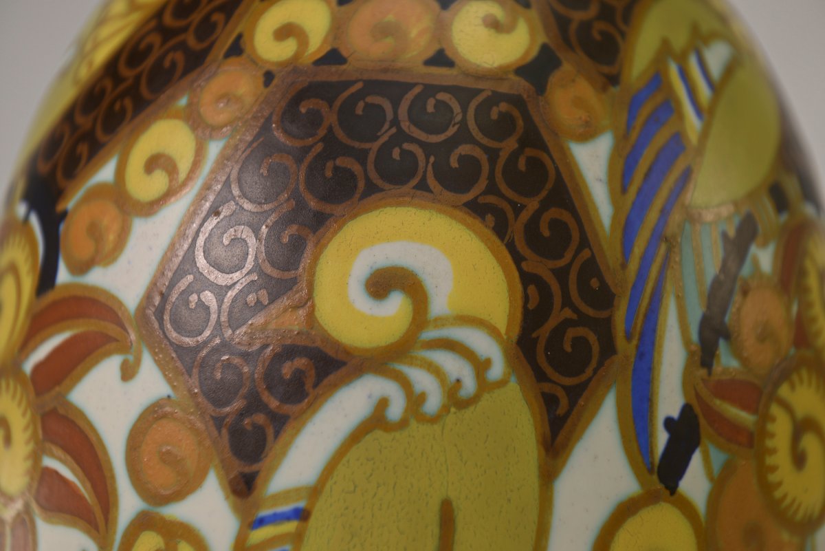 Keramis Art Deco Porcelain Vase Signed Jan Wind "birds Of Paradise"-photo-2