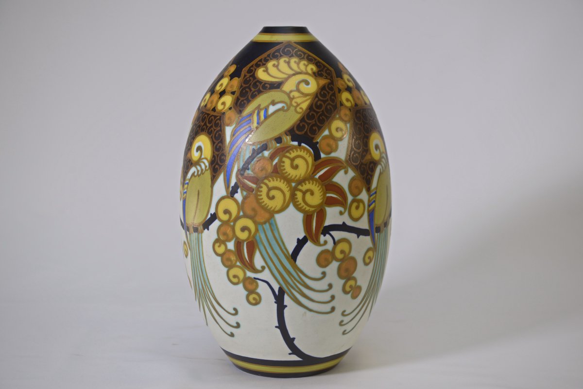 Keramis Art Deco Porcelain Vase Signed Jan Wind "birds Of Paradise"-photo-3