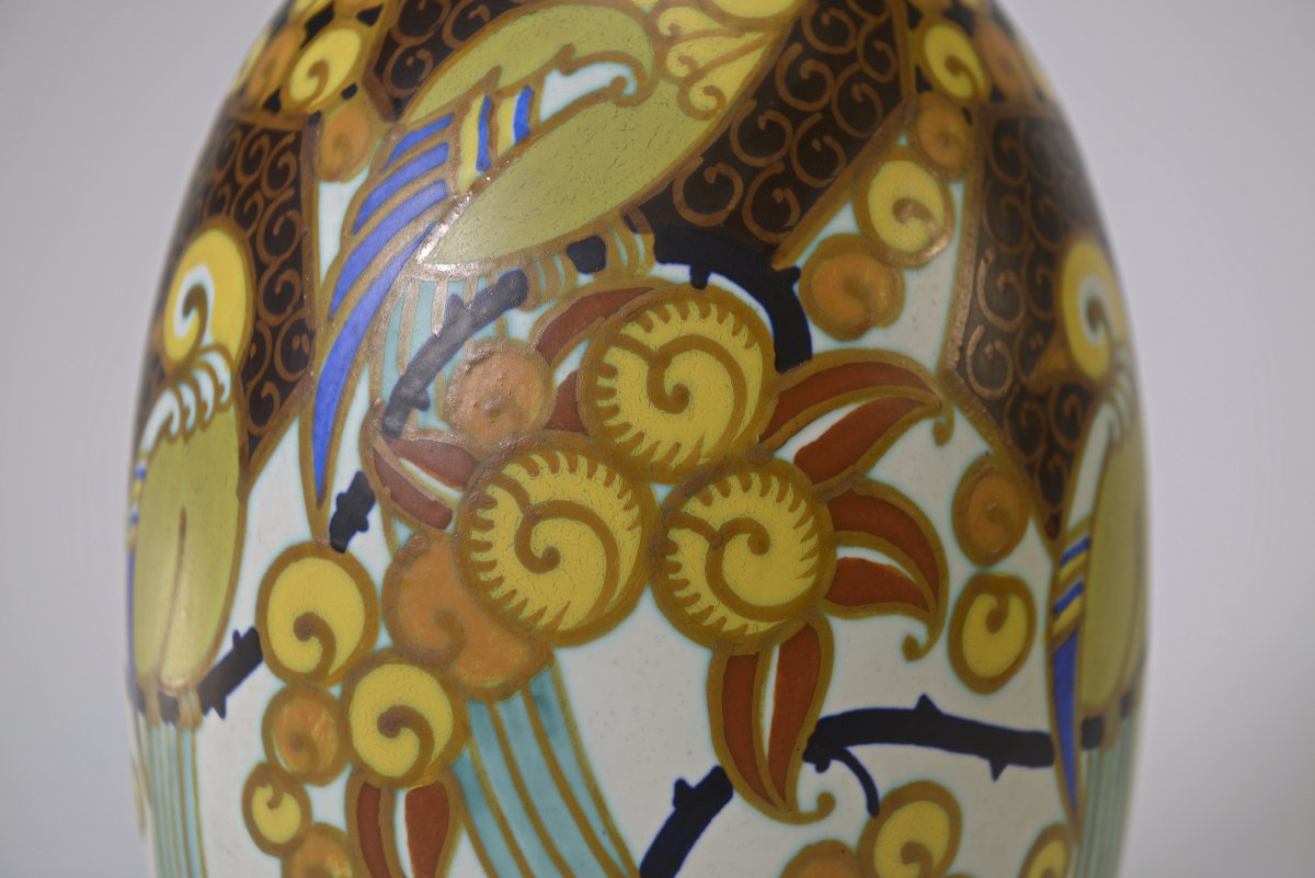 Keramis Art Deco Porcelain Vase Signed Jan Wind "birds Of Paradise"-photo-4