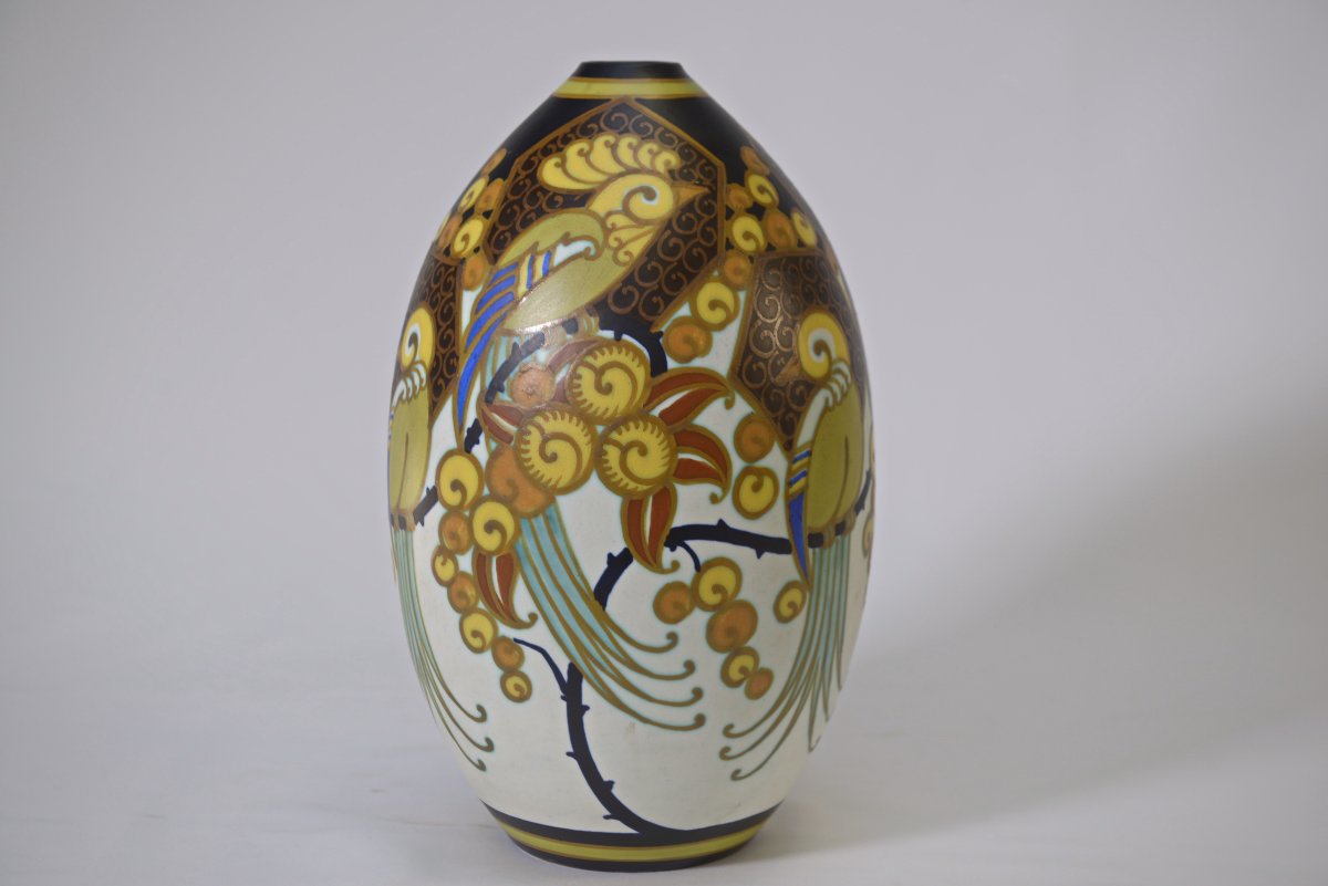 Keramis Art Deco Porcelain Vase Signed Jan Wind "birds Of Paradise"-photo-5