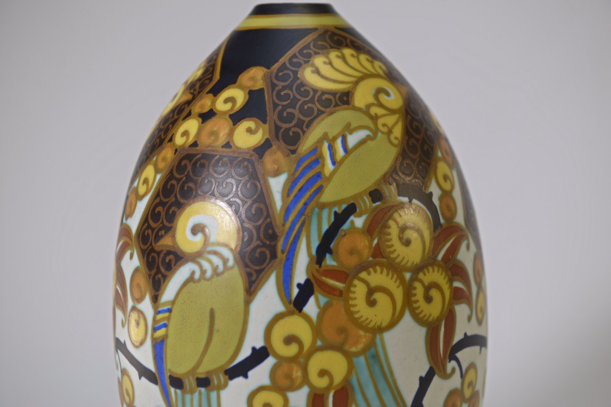 Keramis Art Deco Porcelain Vase Signed Jan Wind "birds Of Paradise"-photo-6