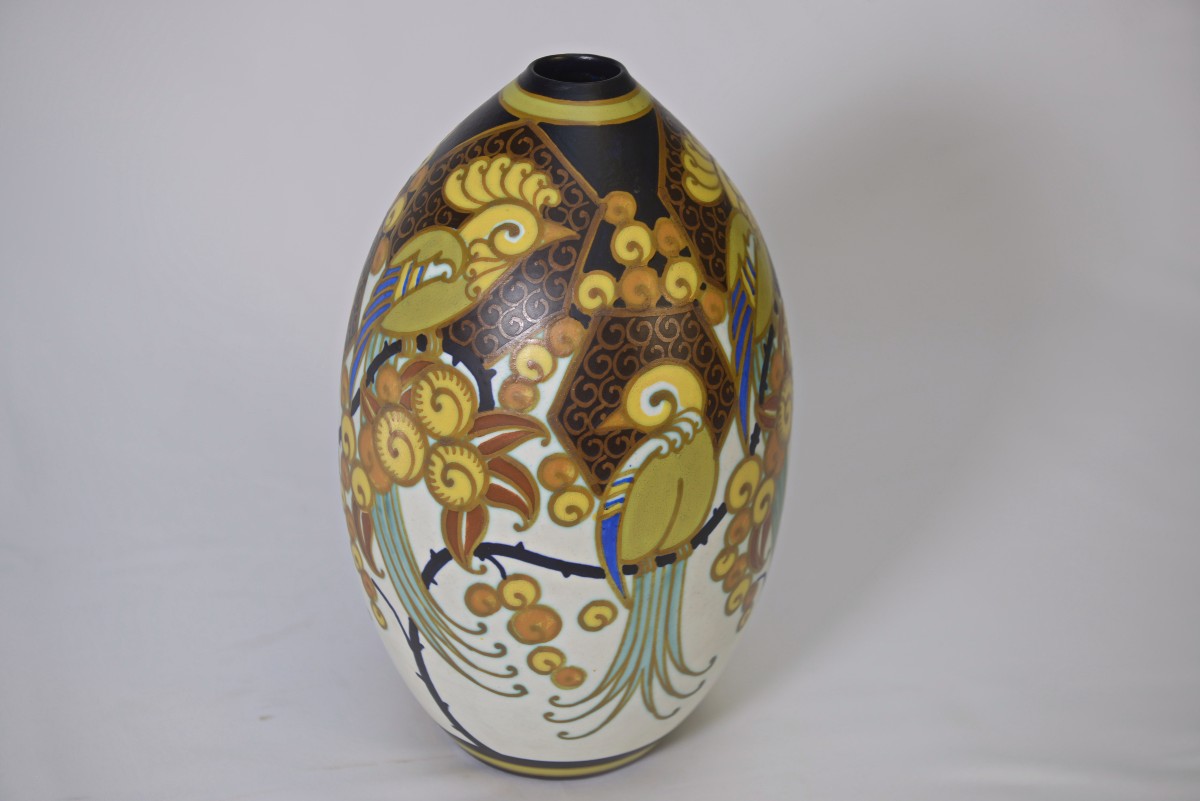 Keramis Art Deco Porcelain Vase Signed Jan Wind "birds Of Paradise"