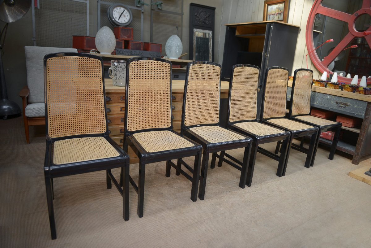 Set Of 6 Vintage Caned Chairs In Black Lacquered Wood, Original 1970-photo-2
