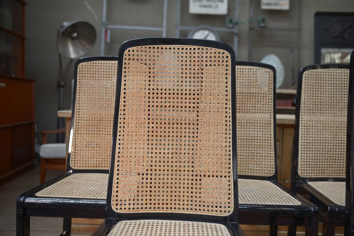 Set Of 6 Vintage Caned Chairs In Black Lacquered Wood, Original 1970-photo-3
