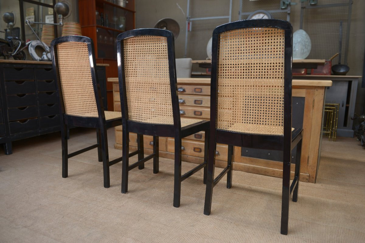 Set Of 6 Vintage Caned Chairs In Black Lacquered Wood, Original 1970-photo-4