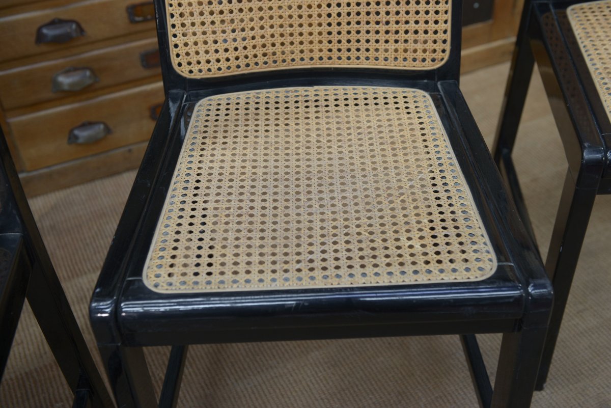 Set Of 6 Vintage Caned Chairs In Black Lacquered Wood, Original 1970-photo-3