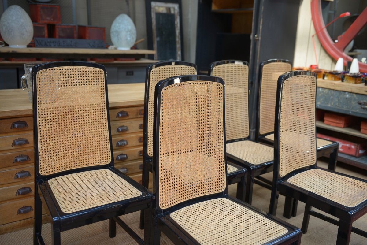 Set Of 6 Vintage Caned Chairs In Black Lacquered Wood, Original 1970-photo-4