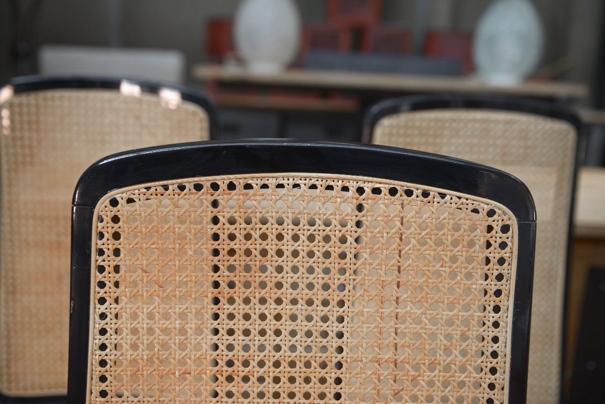 Set Of 6 Vintage Caned Chairs In Black Lacquered Wood, Original 1970-photo-5