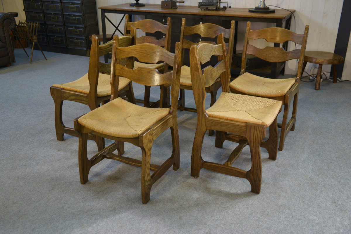 Ensemble de 6 chaises en chêne massif dans le goût de  Guillerme et Chambron 1950's-photo-4