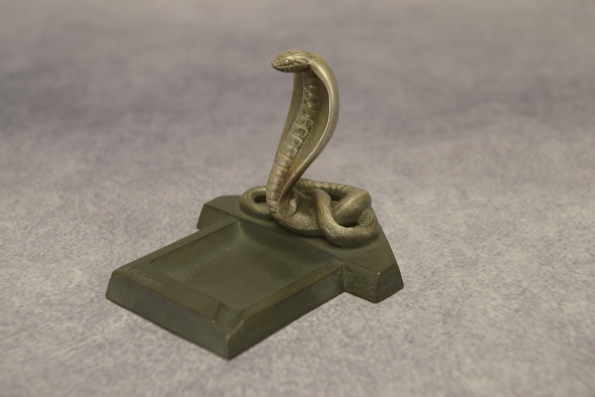 Cendrier Art Déco avec Cobra en bronze signé André PICHEGRU - 1930s-photo-3