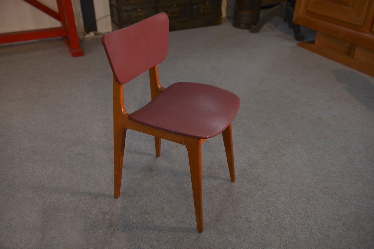 Ensemble de 4 chaises design chêne et skaï bordeaux 1960's-photo-4