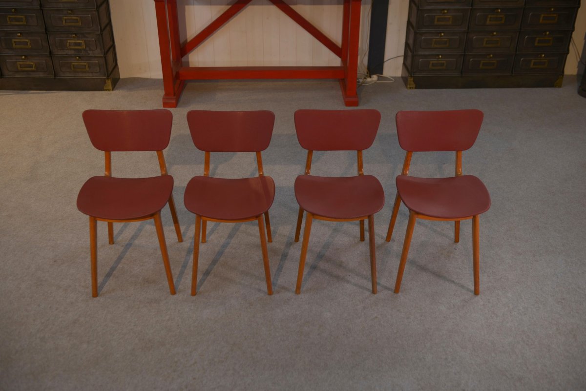 Ensemble de 4 chaises design chêne et skaï bordeaux 1960's-photo-1