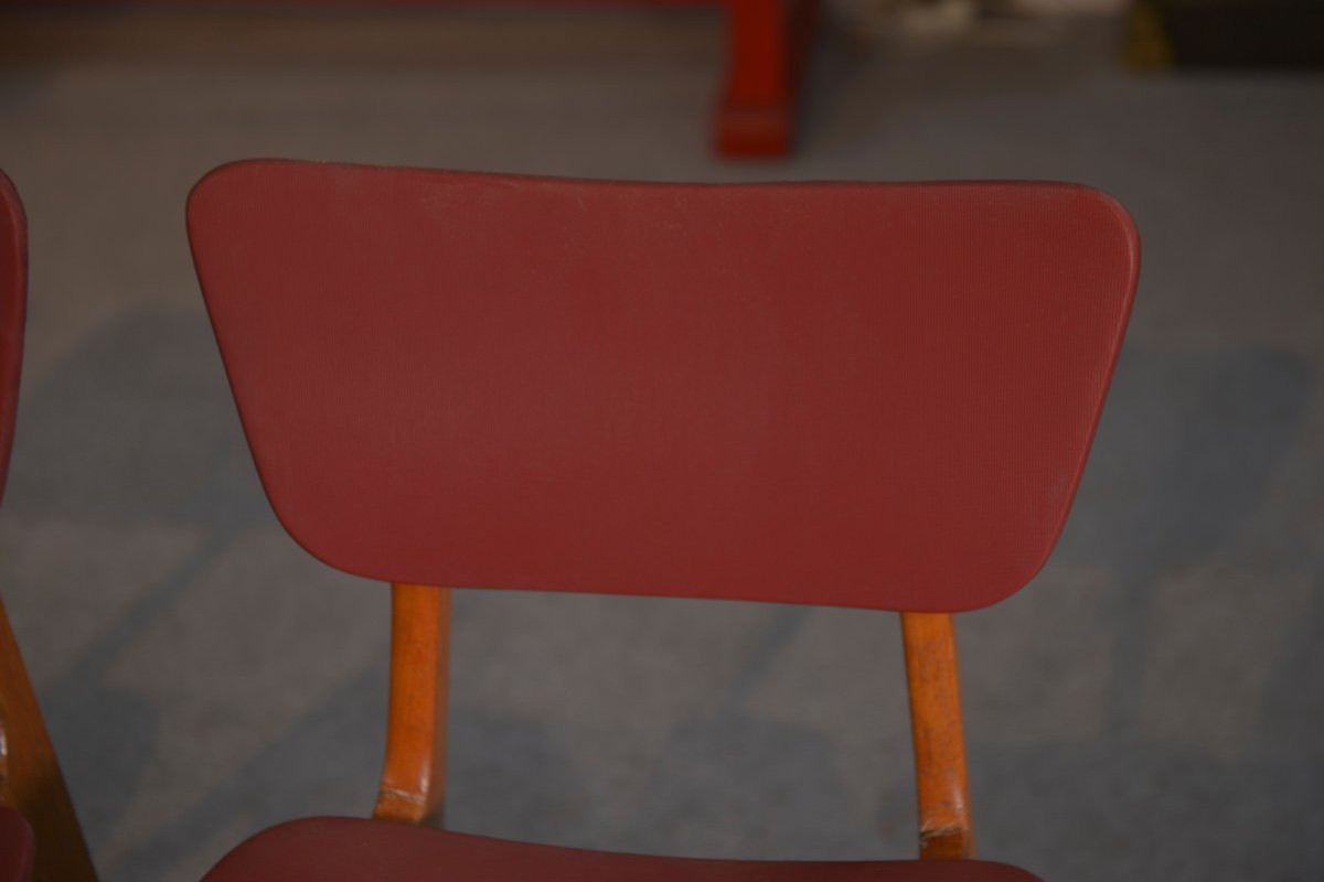 Ensemble de 4 chaises design chêne et skaï bordeaux 1960's-photo-5