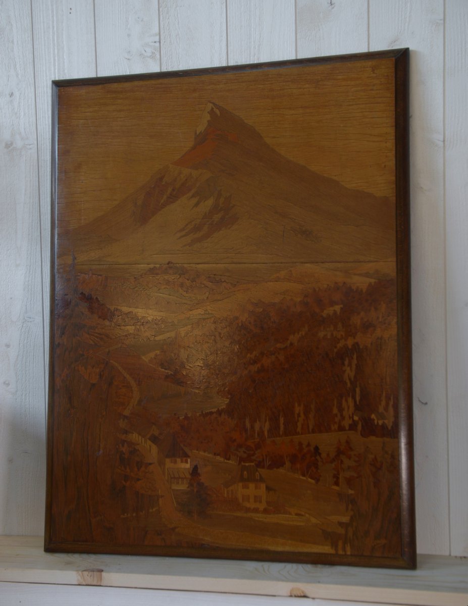 Wooden Marquetry Painting With Mounting Decoration Signed Pierre Rosenau Mid-20th Century-photo-2