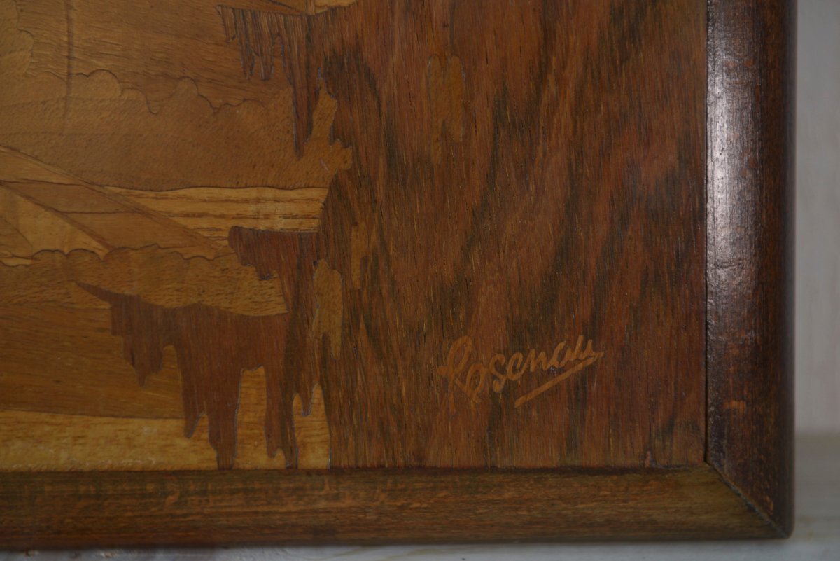 Wooden Marquetry Painting With Mounting Decoration Signed Pierre Rosenau Mid-20th Century-photo-3