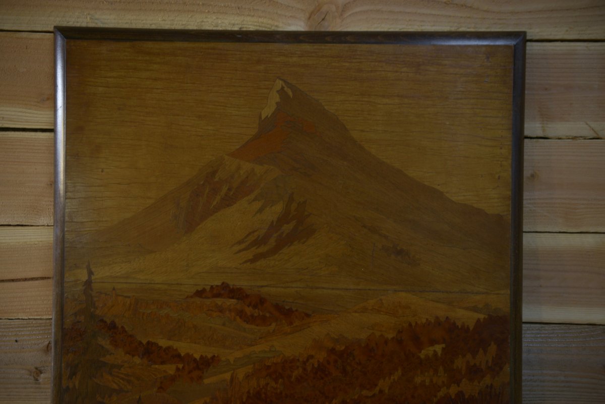 Wooden Marquetry Painting With Mounting Decoration Signed Pierre Rosenau Mid-20th Century-photo-4