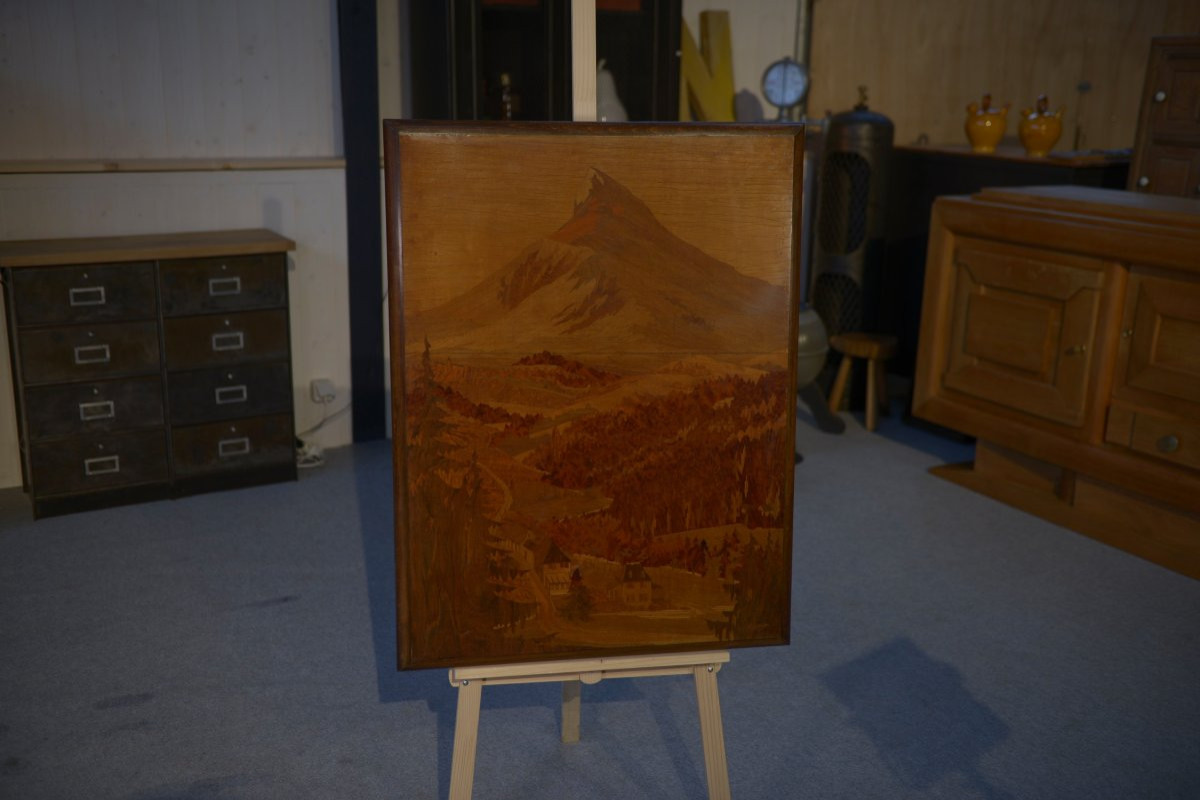 Wooden Marquetry Painting With Mounting Decoration Signed Pierre Rosenau Mid-20th Century-photo-1